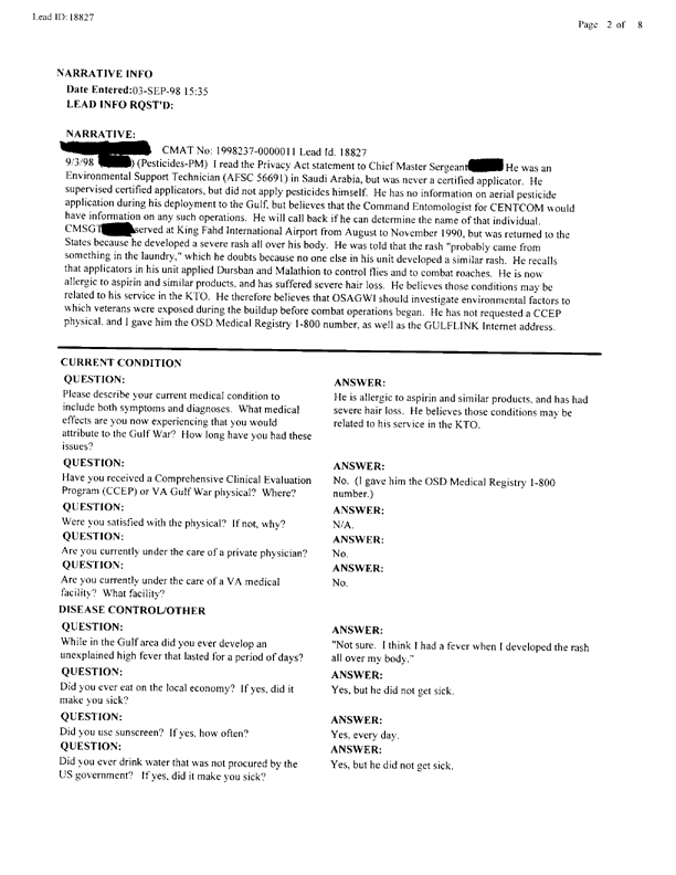   Lead Sheet #18827, Interview with 834th Civil Engineering Squadron King Fahd International Airport pest controller, September 3, 1998.