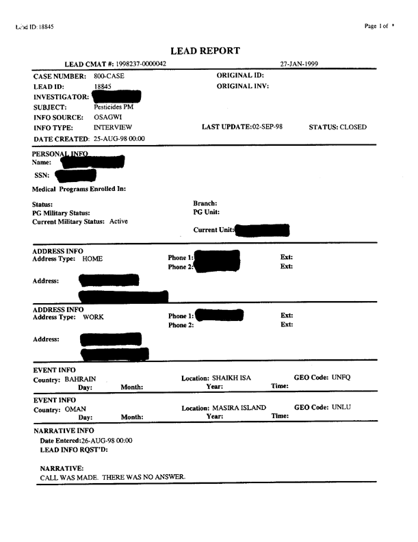 Lead Sheet #18845, Interview with Air Force pest controller, September 2, 1998.