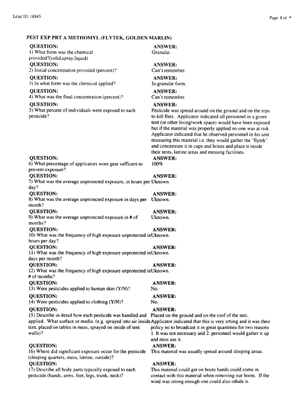 Lead Sheet #18845, Interview with Air Force pest controller, September 2, 1998.