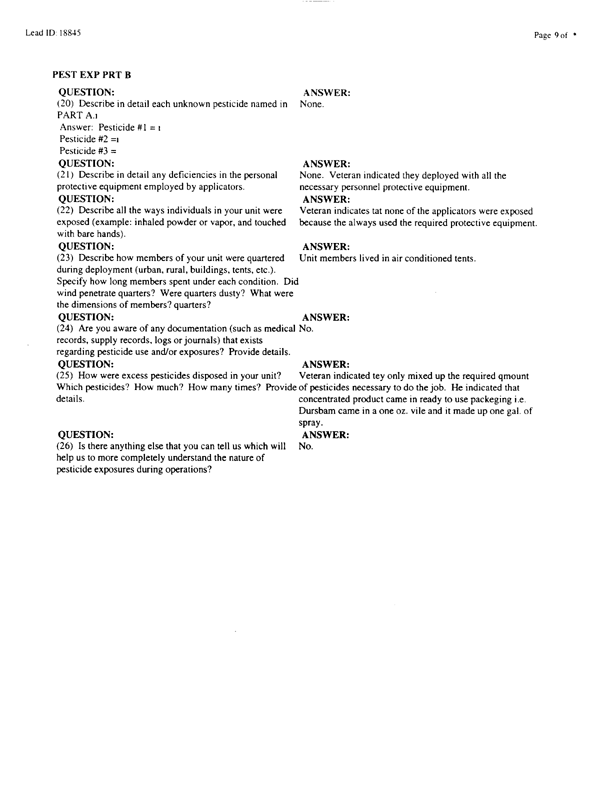 Lead Sheet #18845, Interview with Air Force pest controller, September 2, 1998.