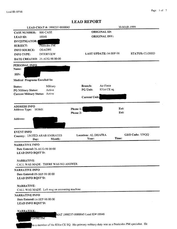   Lead Sheet #18848, Interview with 831st Civil Engineering Squadron Shaikh Isa International Airport pest controller, September 14, 1998.