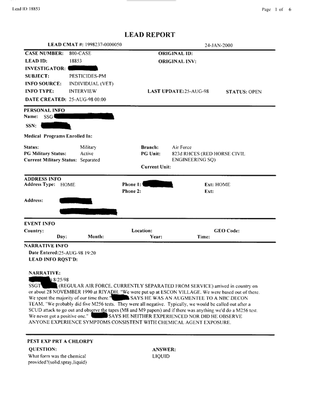  Lead Sheet #18853, Interview with 823rd Civil Engineering Squadron Riyadh International Airport pest controller, August 25, 1998.
