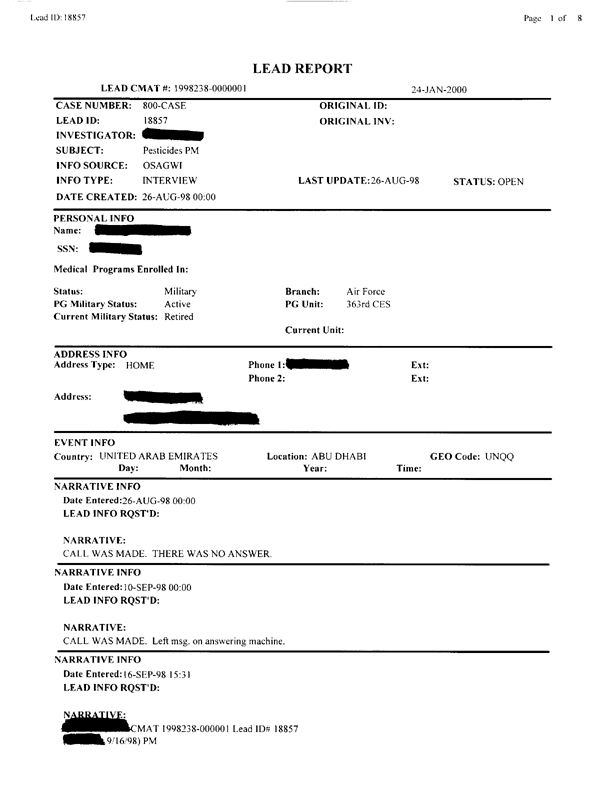  Lead Sheet #18857, Interview with 363rd Civil Engineering Squadron Al Dhafra, United Arab Emirates pest controller, August 28, 1998.