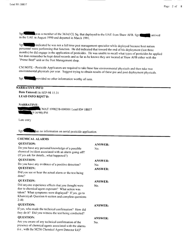  Lead Sheet #18857, Interview with 363rd Civil Engineering Squadron Al Dhafra, United Arab Emirates pest controller, August 28, 1998.