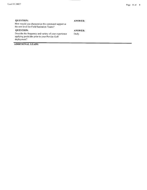 Lead Sheet #18857, Interview with 363rd Civil Engineering Squadron Al Dhafra, United Arab Emirates pest controller, August 28, 1998.