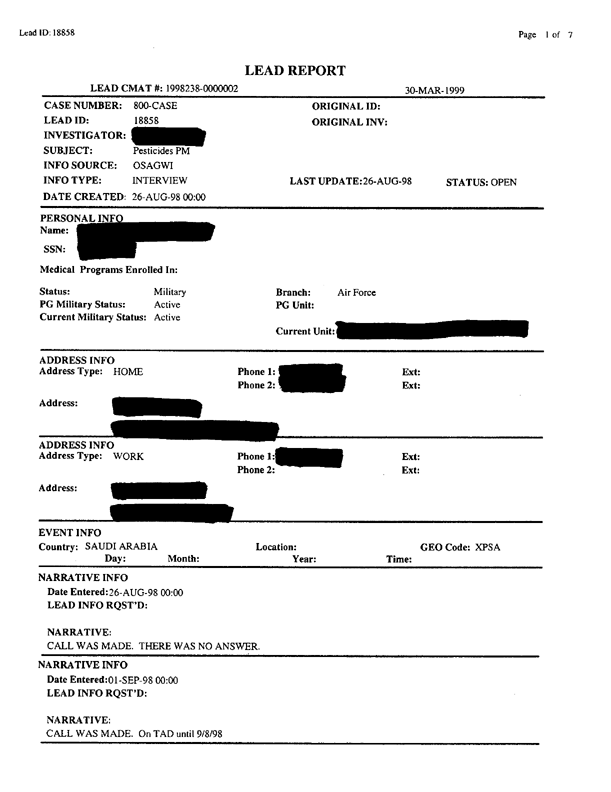   Lead Sheet #18858, Interview with an Air Force pest controller, September 11, 1998.