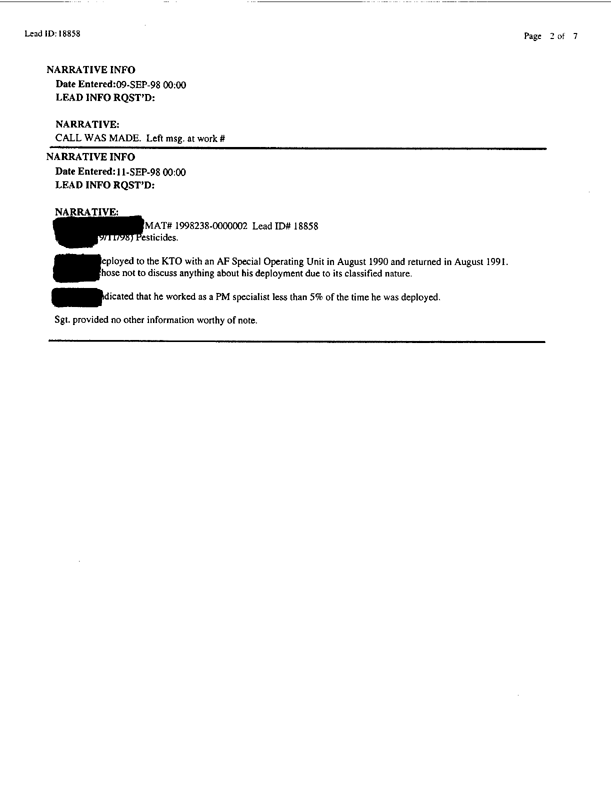   Lead Sheet #18858, Interview with an Air Force pest controller, September 11, 1998.