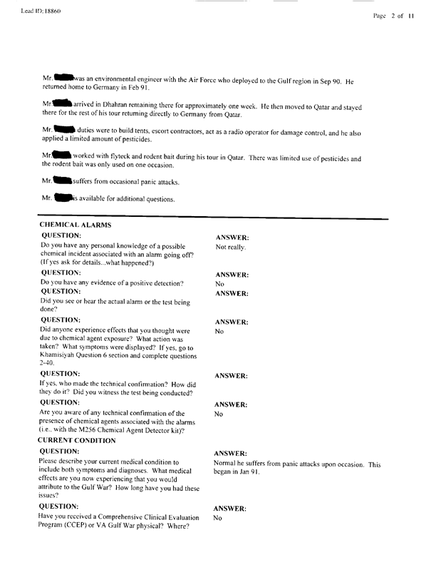   Lead Sheet #18860, Interview with 52nd Civil Engineering Squadron Doha INTL, QA pest controller, October 6, 1998.
