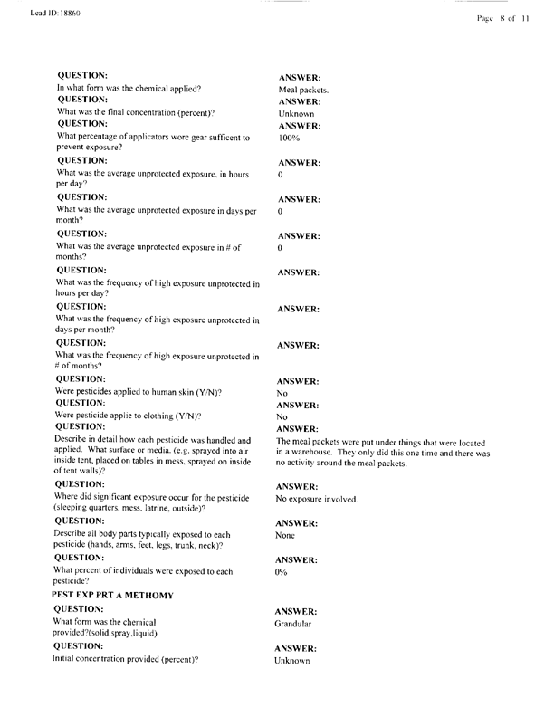   Lead Sheet #18860, Interview with 52nd Civil Engineering Squadron Doha INTL, QA pest controller, October 6, 1998.