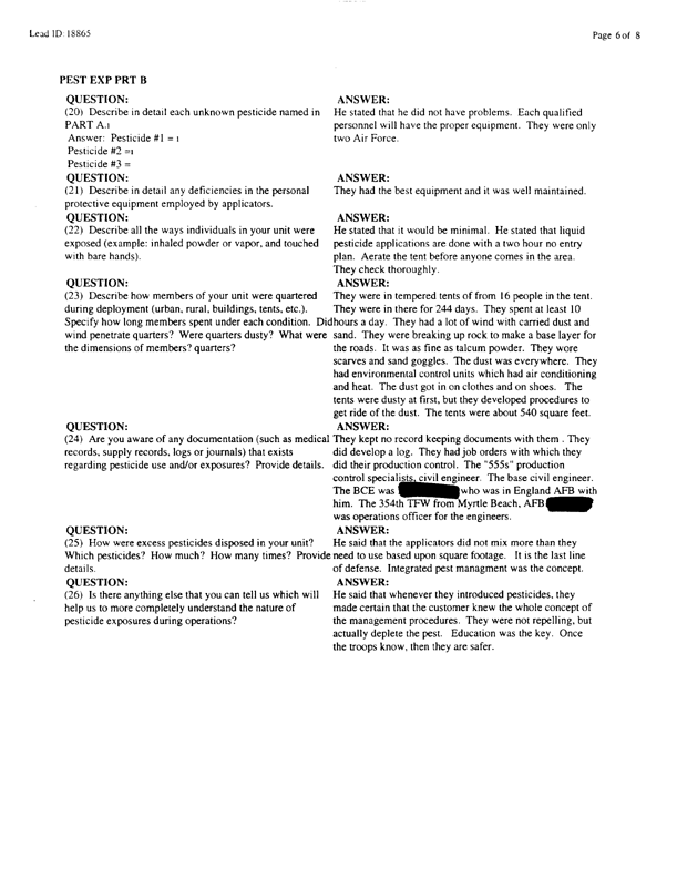   Lead Sheet #18865, Interview with 23rd Civil Engineering Squadron King Fahd International Airport pest controller, August 26, 1998.