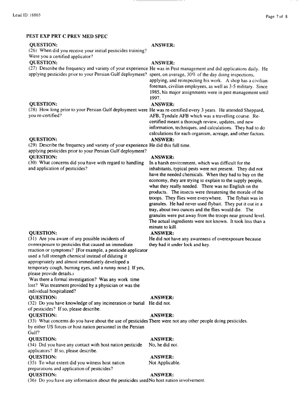   Lead Sheet #18865, Interview with 23rd Civil Engineering Squadron King Fahd International Airport pest controller, August 26, 1998.
