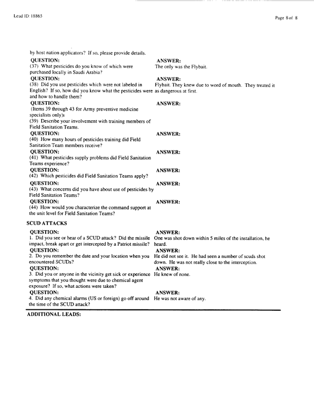   Lead Sheet #18865, Interview with 23rd Civil Engineering Squadron King Fahd International Airport pest controller, August 26, 1998.