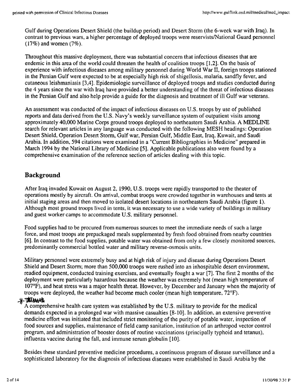 Hyams, Kenneth C., et al., �The Impact of Infectious Diseases on the Health of US Troops Deployed to the Persian Gulf During Operations Desert Shield/Desert Storm,� Clinical Infectious Diseases, 20:1497-1504, 1995, p. 1-8;