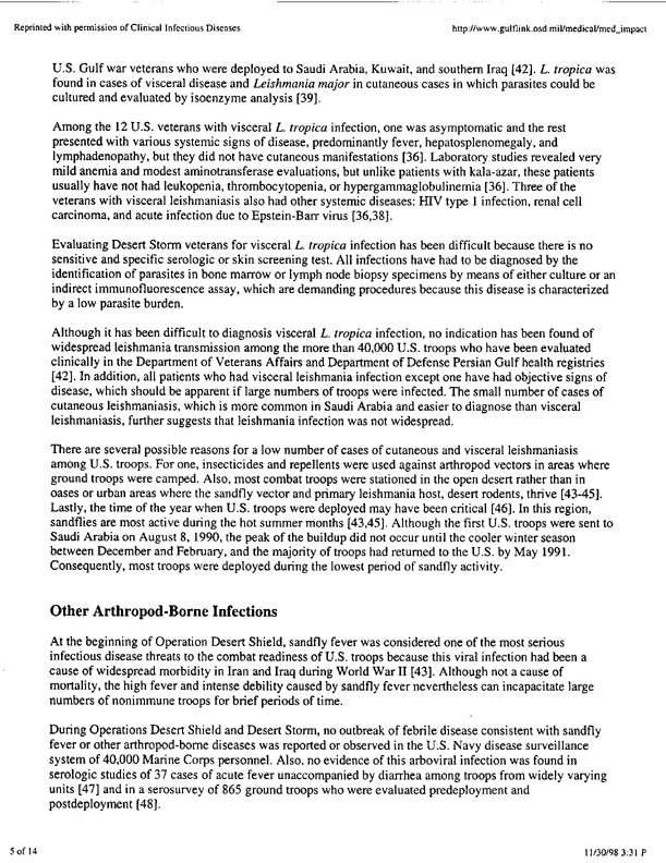 Hyams, Kenneth C., et al., �The Impact of Infectious Diseases on the Health of US Troops Deployed to the Persian Gulf During Operations Desert Shield/Desert Storm,� Clinical Infectious Diseases, 20:1497-1504, 1995, p. 1-8;