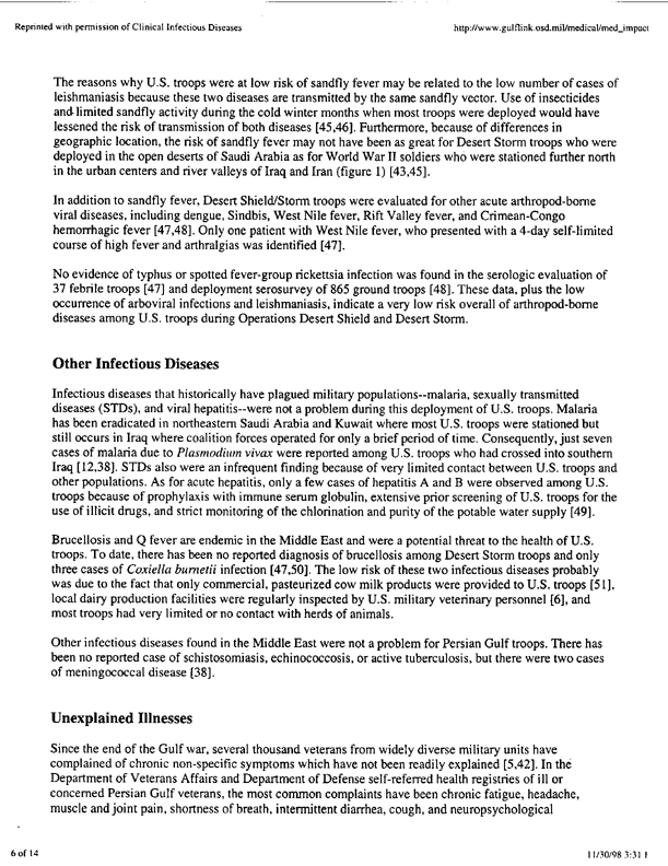 Hyams, Kenneth C., et al., �The Impact of Infectious Diseases on the Health of US Troops Deployed to the Persian Gulf During Operations Desert Shield/Desert Storm,� Clinical Infectious Diseases, 20:1497-1504, 1995, p. 1-8;