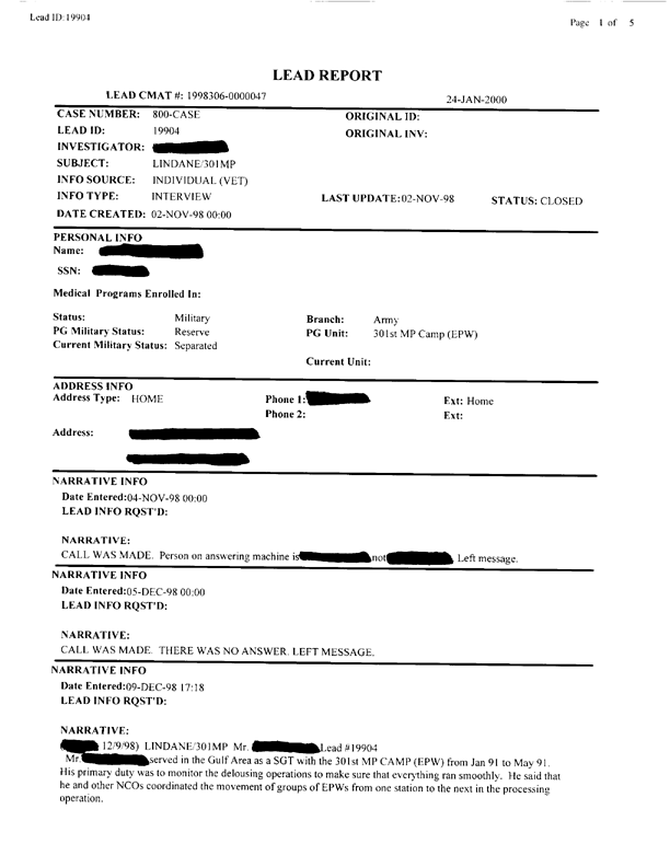   Lead Sheet #19904, Interview with 301st Military Police Camp veteran, December 9, 1998.