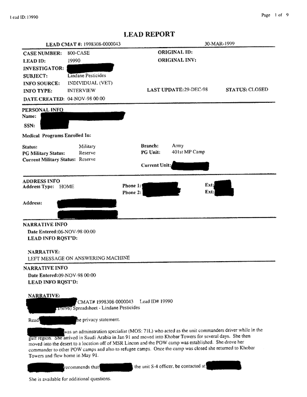  Lead Sheet #19990, Interview with 401st Military Police Camp veteran, November 9, 1998, p. 3