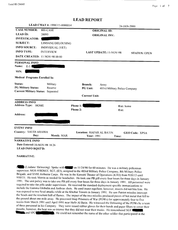   Lead Sheet #20095, Interview with 403rd Military Police Camp veteran, November 24, 1998.