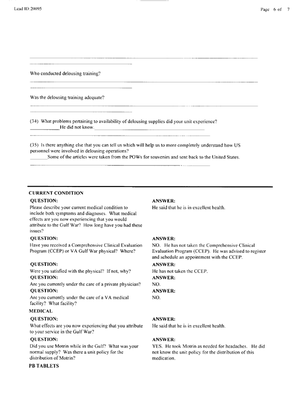   Lead Sheet #20095, Interview with 403rd Military Police Camp veteran, November 24, 1998.