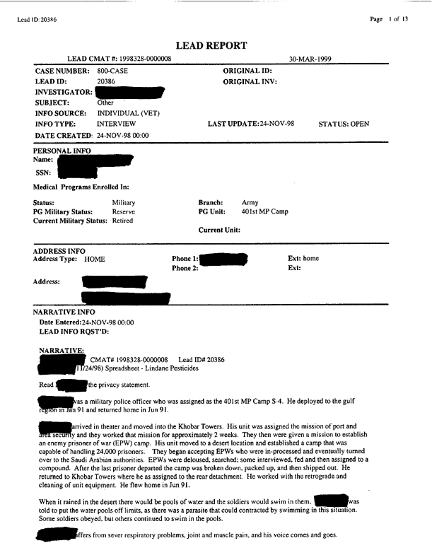 Lead Sheet #20386, Interview with 401st Military Police Camp veteran, November 24, 1998, p. 2