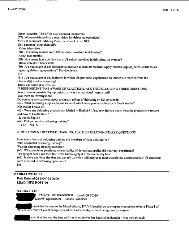 Lead Sheet #20386, Interview with 401st Military Police Camp veteran, November 24, 1998, p. 2