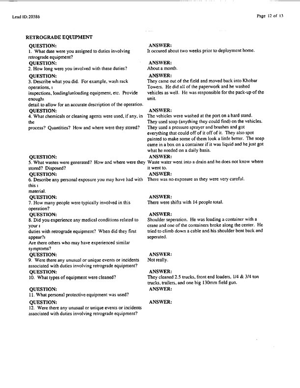 Lead Sheet #20386, Interview with 401st Military Police Camp veteran, November 24, 1998, p. 2