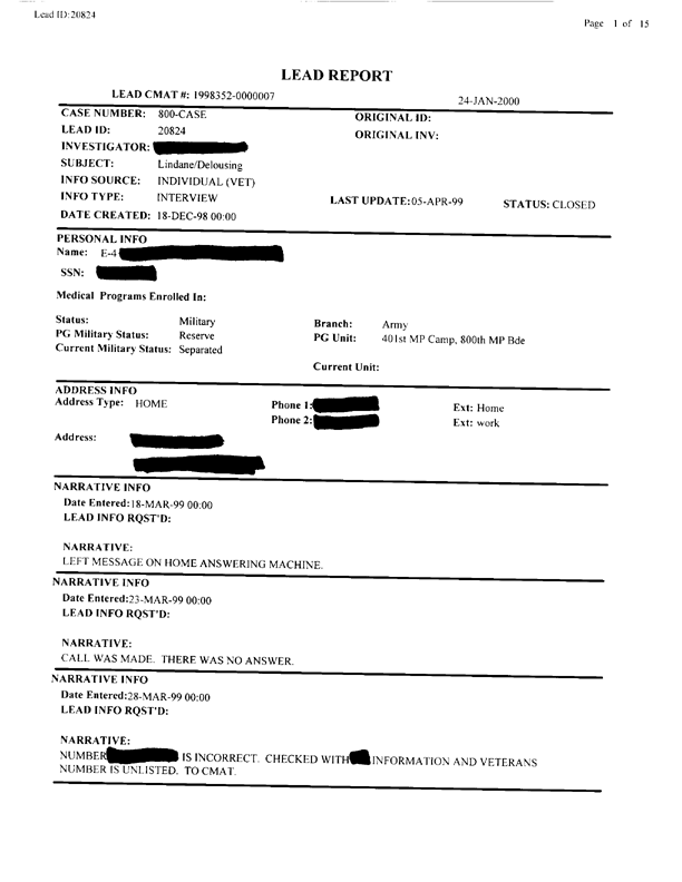 Lead Sheet #20824, Interview with 401st Military Police Camp veteran, April 5, 1999