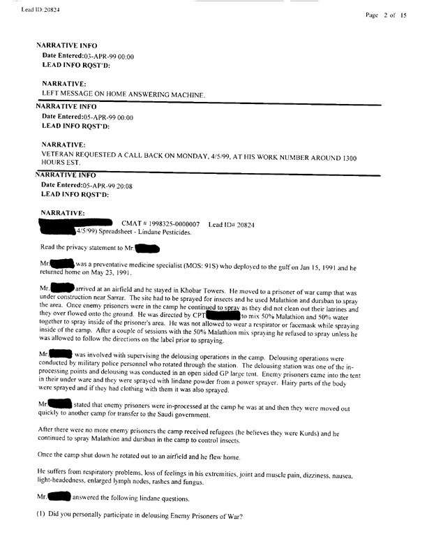   Lead Sheet #20824, Interview with 401st Military Police Camp veteran, April 5, 1999.