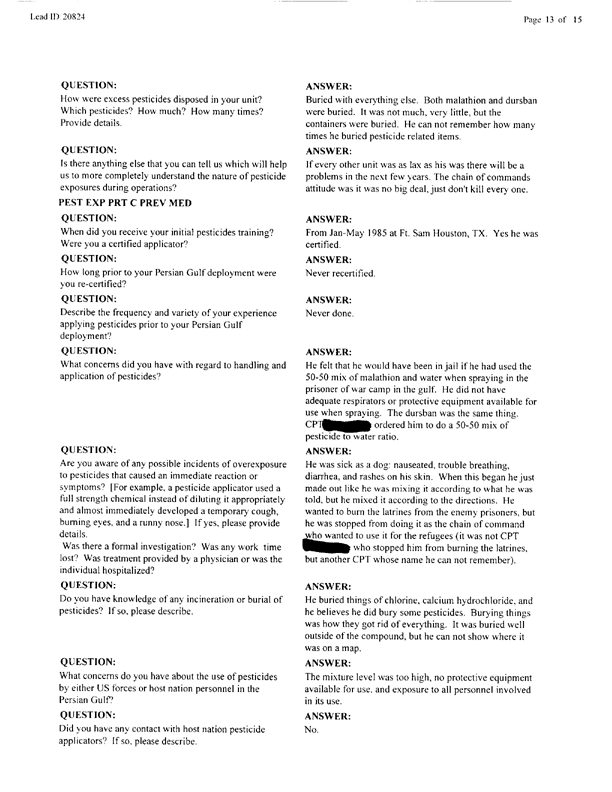   Lead Sheet #20824, Interview with 401st Military Police Camp veteran, April 5, 1999.