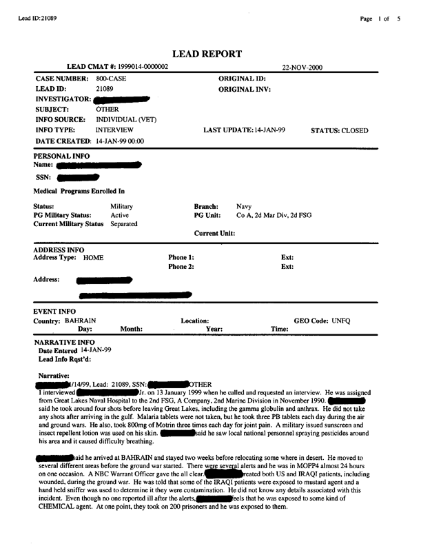   Lead Sheet #21089, Interview with 2nd Marine Division preventive medicine specialist, January 14, 1999.