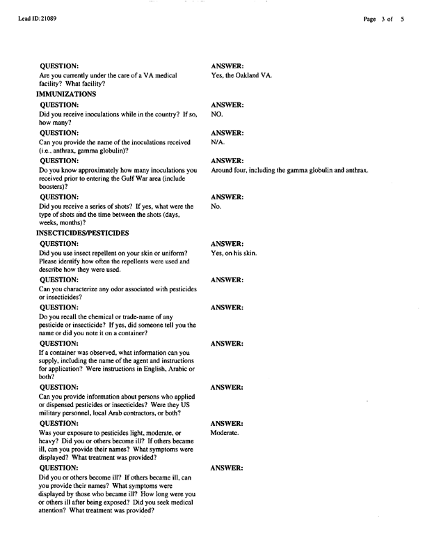   Lead Sheet #21089, Interview with 2nd Marine Division preventive medicine specialist, January 14, 1999.