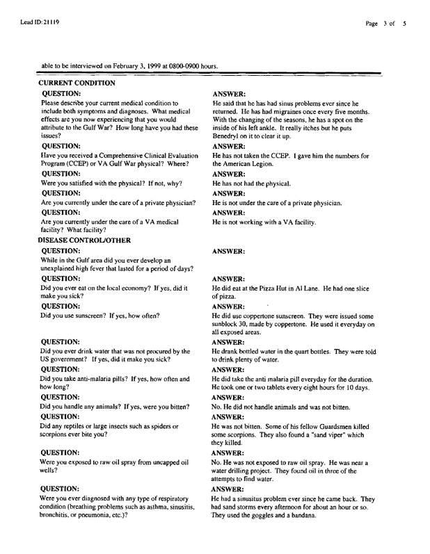   Lead Sheet #21119, Interview with 165th Airlift Wing turbo propulsion technician, February 2, 1999.