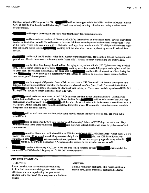   Lead Sheet #21359, Interview with HMM-365, 4th MEB helicopter pilot, February 9, 1999