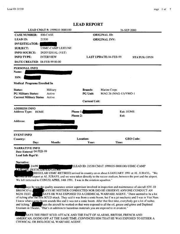   Lead Sheet #21530, Interview with MAG26/VMO-1 quality assurance senior supervisor, February 4, 1999.