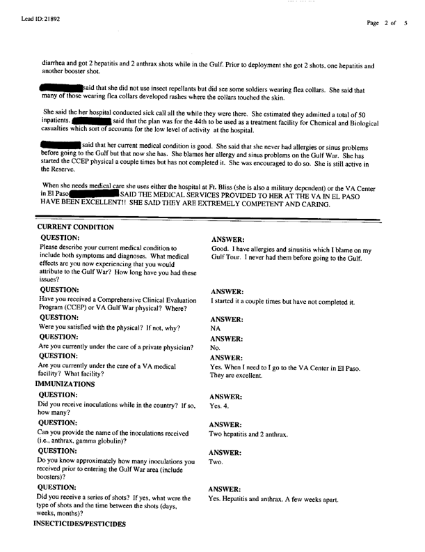   Lead Sheet #21892, Interview with 44th Evac Hospital nurse, April 30 1999.