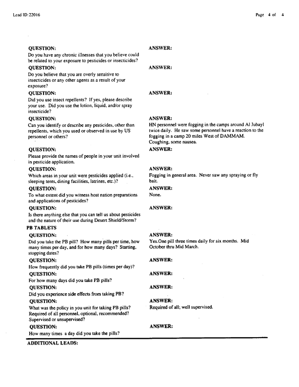   Lead Sheet #22016, Interview with 316th Quartermaster Detachment truck driver, March 31, 1999.