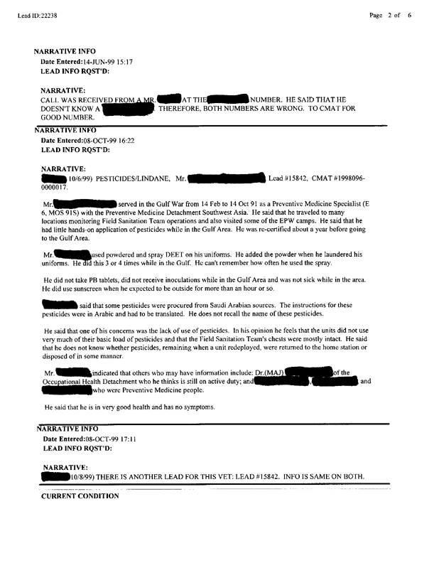   Lead Sheet #22238, Interview with Preventive Medicine Detachment Southwest Asia preventive medicine specialist, October 6, 1998.