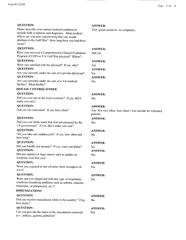   Lead Sheet #22238, Interview with Preventive Medicine Detachment Southwest Asia preventive medicine specialist, October 6, 1998.