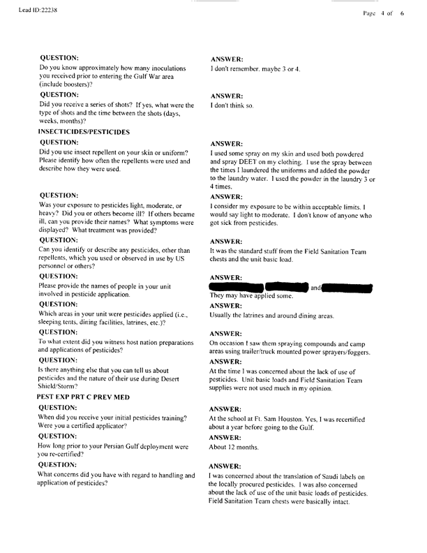   Lead Sheet #22238, Interview with Preventive Medicine Detachment Southwest Asia preventive medicine specialist, October 6, 1998.