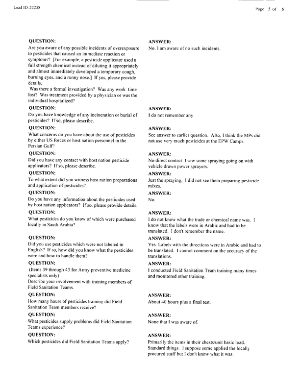   Lead Sheet #22238, Interview with Preventive Medicine Detachment Southwest Asia preventive medicine specialist, October 6, 1998.