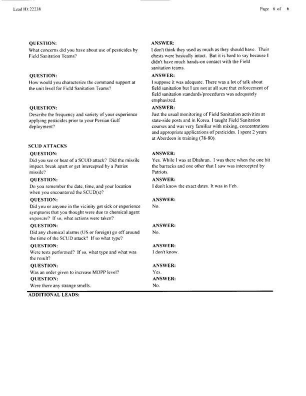   Lead Sheet #22238, Interview with Preventive Medicine Detachment Southwest Asia preventive medicine specialist, October 6, 1998.