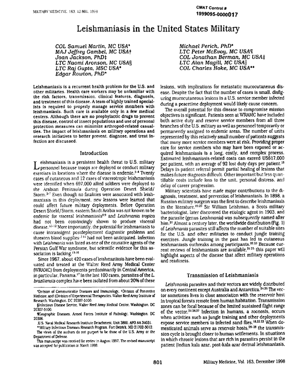 Samuel Martin, et. al., �Leishmaniasis in the United States Military,� Military Medicine, December 1998, p. 801.