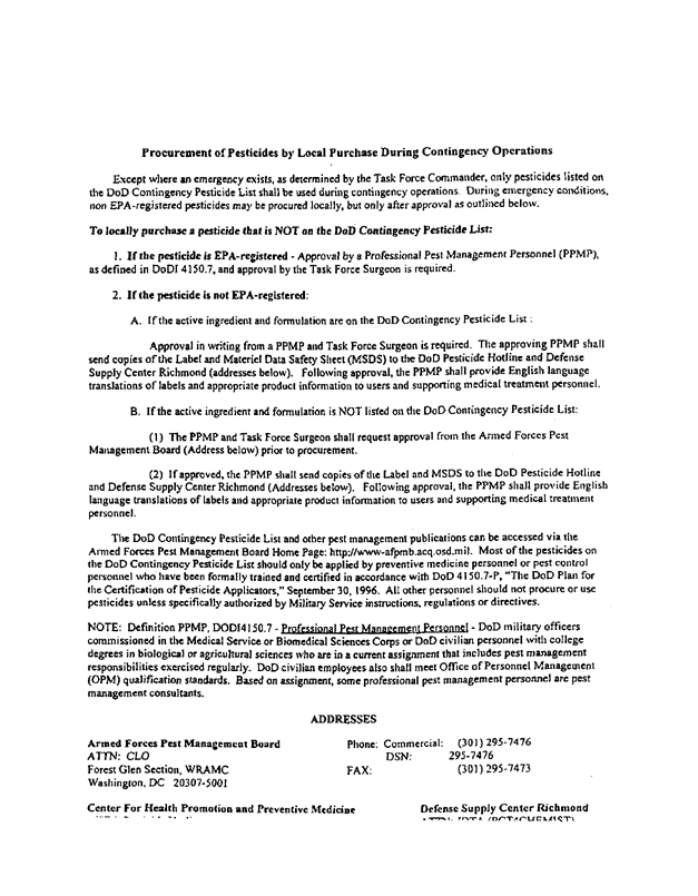 Memorandum from Under Secretary of Defense (Acquisition and Technology) to Secretaries of the Military Departments, Subject: �Recording and Archiving Pesticide Use During Military Operations,� August 21, 1997.