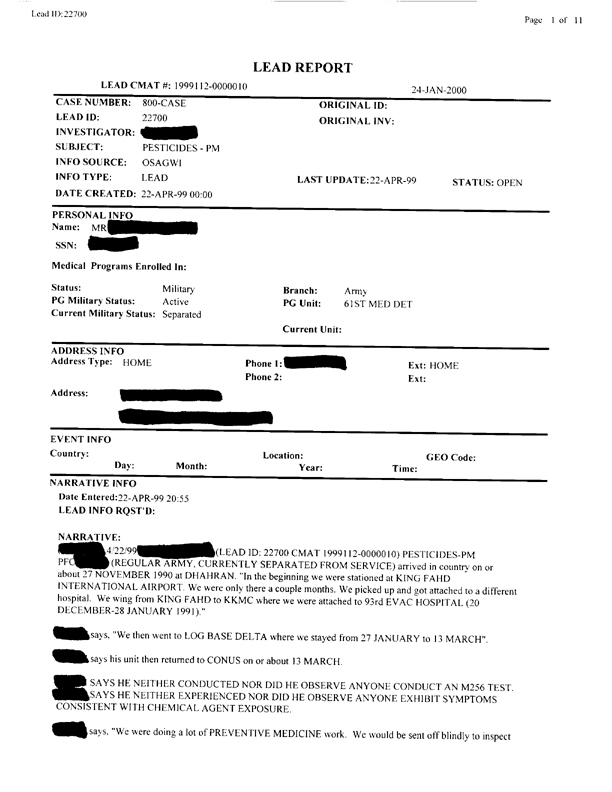   Lead Sheet #22700, Interview with 61st Medical Detachment preventive medicine specialist, April 22, 1998.