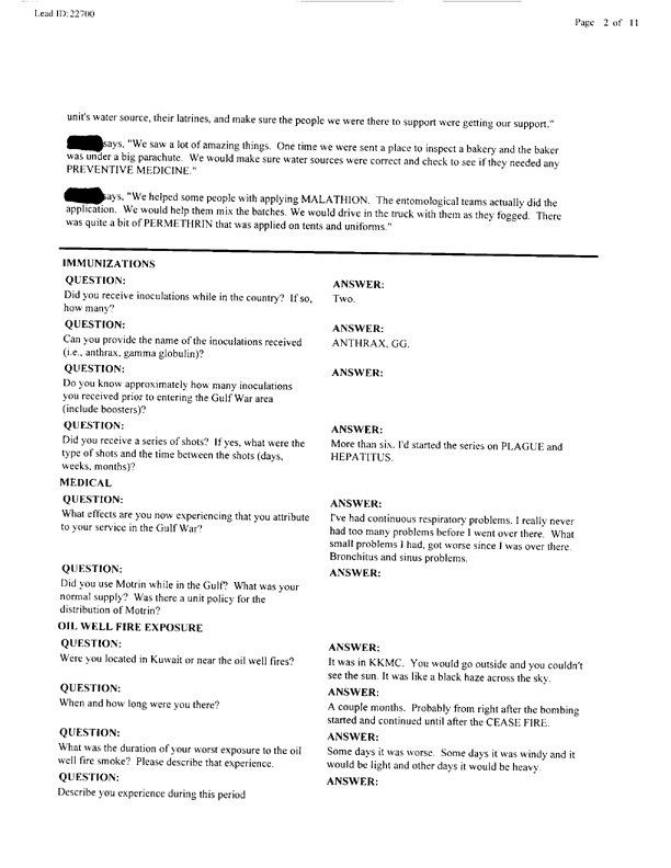   Lead Sheet #22700, Interview with 61st Medical Detachment preventive medicine specialist, April 22, 1998.