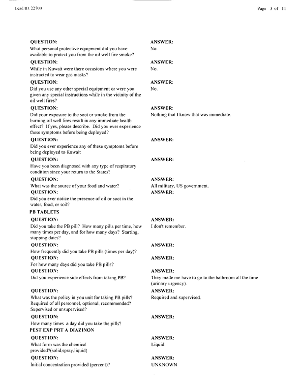   Lead Sheet #22700, Interview with 61st Medical Detachment preventive medicine specialist, April 22, 1998.