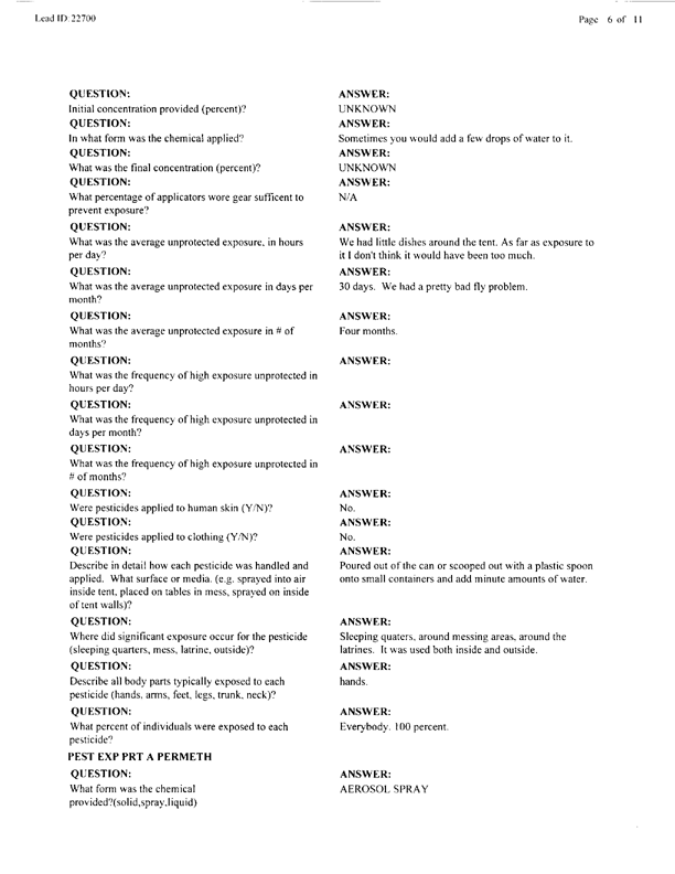   Lead Sheet #22700, Interview with 61st Medical Detachment preventive medicine specialist, April 22, 1998.
