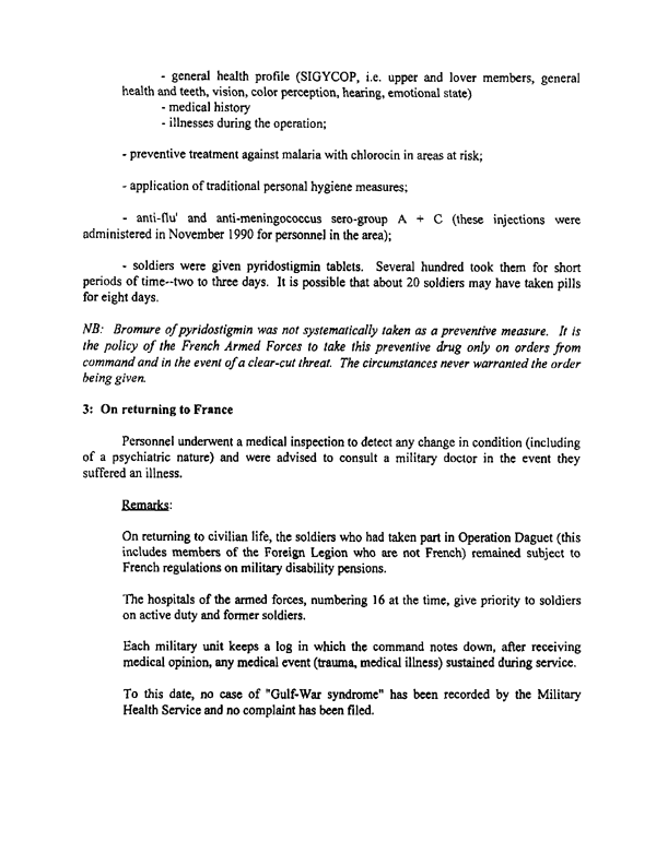 Letter from French Defense Minister to US Secretary of Defense, Subject: �Unofficial Translation� of fact sheet on uses of insecticides or insect repellents by French troops during Operation Daguet, June 7, 1999.