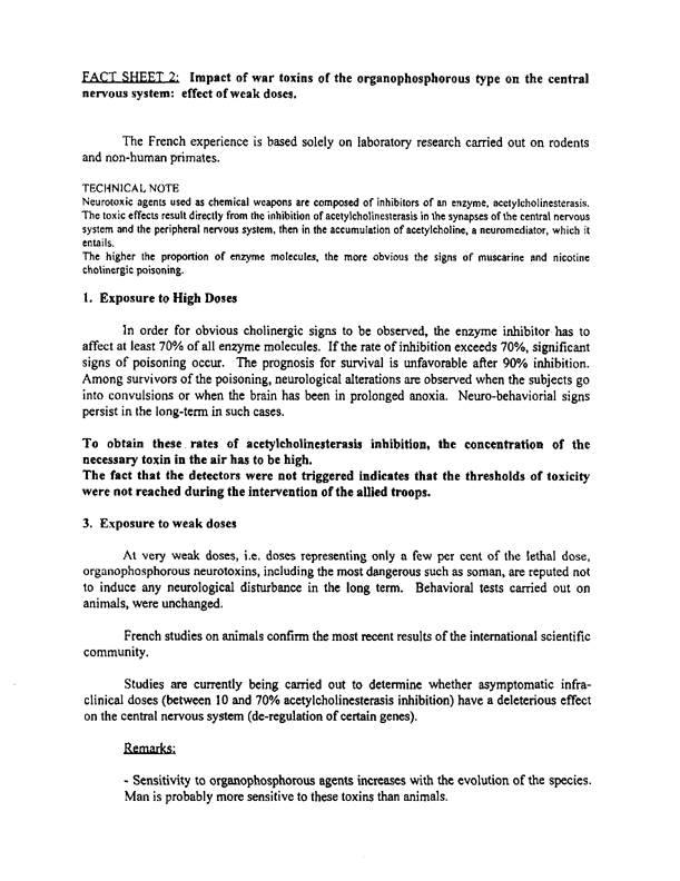 Letter from French Defense Minister to US Secretary of Defense, Subject: �Unofficial Translation� of fact sheet on uses of insecticides or insect repellents by French troops during Operation Daguet, June 7, 1999.