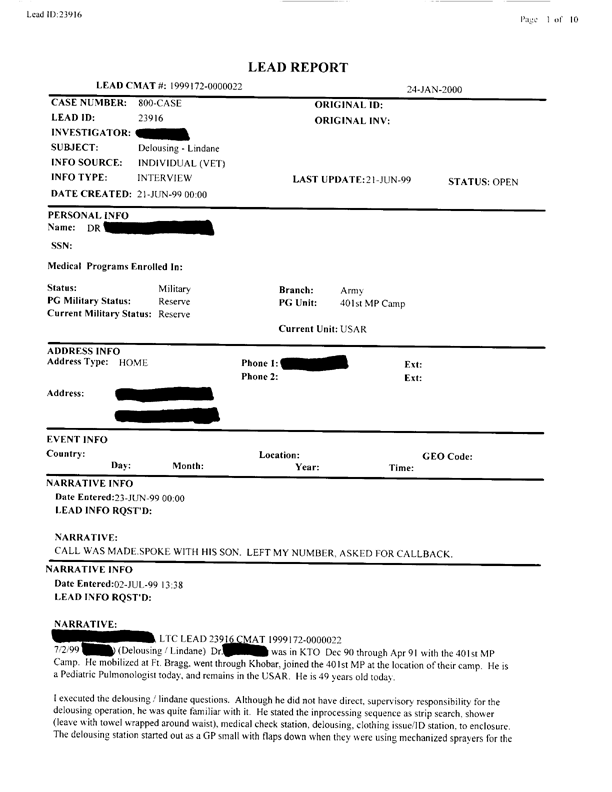   Lead Sheet #23916, Interview with 401st MP Camp medical officer, July 2, 1999.